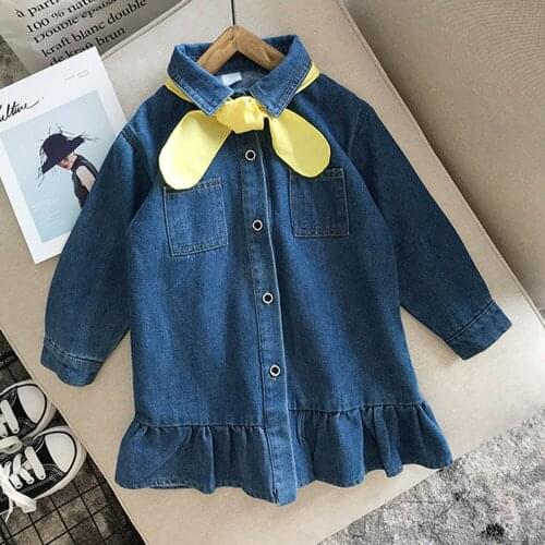 2021 NEW Children Jeans Dresses With Tie Bow Girls Elegant Mermaid Dress Autumn Fashion Blue Denim Clothes For 1-8 Year Girls
