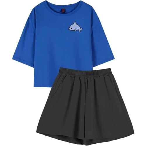 Sleep Wear Women Pajama Animal Dolphin Print 2 Piece Set Women Summer Short Sleeve Blouse and Casual Shorts Female Loose Suit