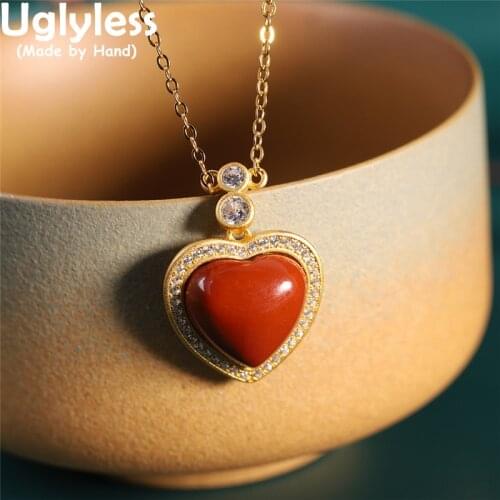 Uglyless Sweet LOVE Gifts Heart-shape Natural Agate Necklaces for Women Sparkly Crystals Pendants +Chain Gold 925 Silver Jewelry
