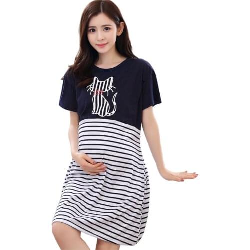 Summer Mother Maternity Striped Cat Cartoon Nursing Pajamas Pregnancy Breastfeeding Sleepwear For Pregnant Women Nightdress