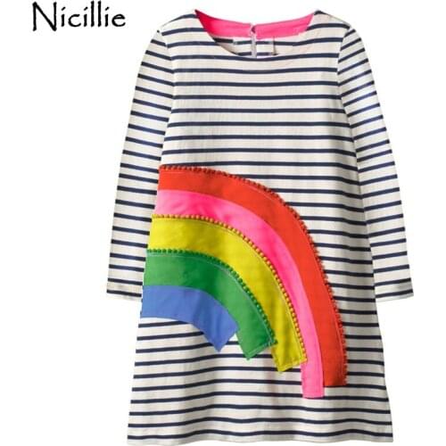 Nicillie Girls Striped Long Sleeve Dress Baby Girls Casual Cotton Winter Dress Kids Autumn Rainbow Pattern Clothes For Girls