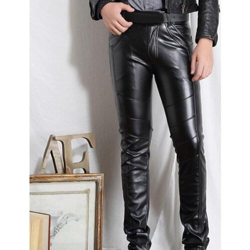 Casual Pants Men Solid Color Faux Leather Multi Pockets Skinny Pants Stage Club Long Trousers