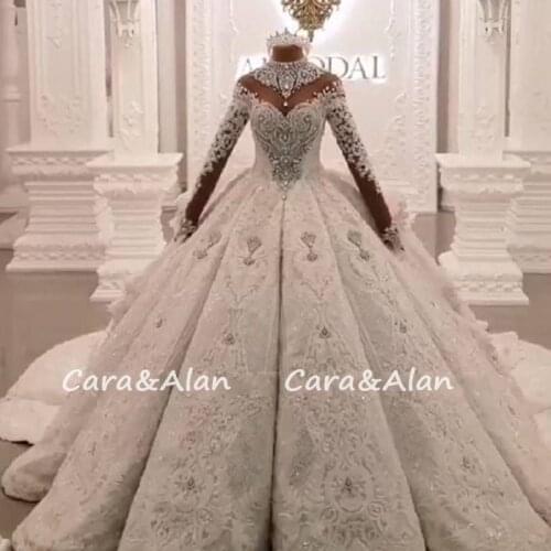 Luxury Dubai Wedding Dresses For Women 2020 Crystal Rhinestone 3D Flower Appliques Full Sleeves Puffy Bridal Gowns платье 2021