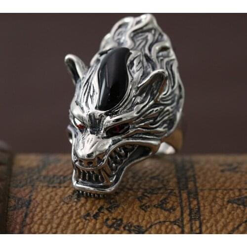 S925 Sterling Silver Fashion Jewelry Personality Mens Retro Thai Silver Wolf Totem Index Finger Ring Evil Wolf Open Ended Ring