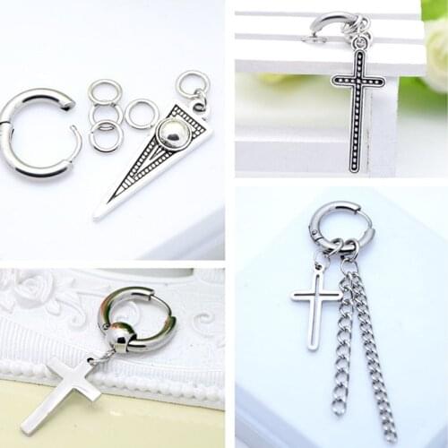 1 Piece Blade Cross Small Circle Long chain Tassel Drop Earring For Men/Women Stainless Steel Ear Circle Piercing Punk Jewelry