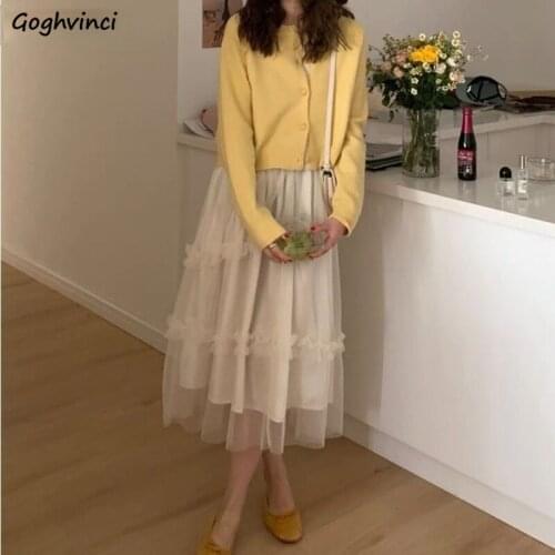 Skirts Women Summer Empire Vintage Mesh Elegant Elastic High Waist Fairy Party Casual All-match Ruffles Fashion Korean Style Ins