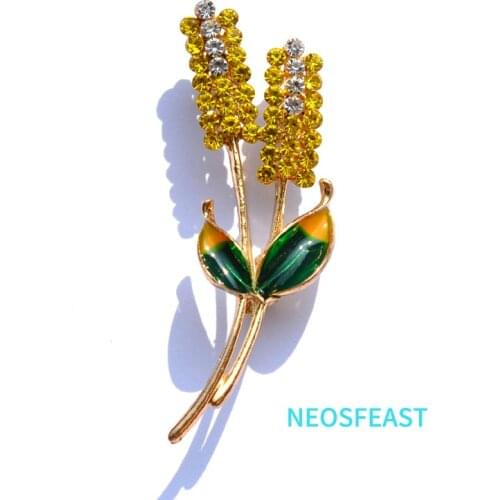 Elegant Rhinestone Ear Of Wheat Brooches for Women Yellow Color Enameled Pin Ladies Garments Party Accessories Fashion Jewelry
