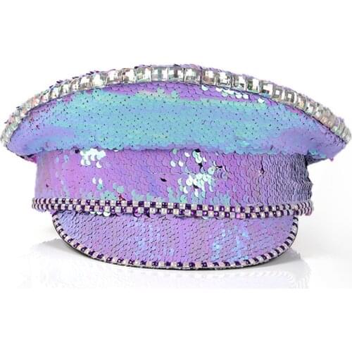 Women Sequin Burning Military Hat With Steampunk Glasses Police Sergeant Hat Performance Captain Hat Halloween Festival Part Hat