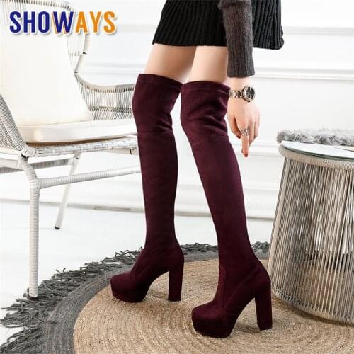 2020 Winter Stretch Faux Suede Women Thigh High Boots Black Red Grey Block Heel Party Ladies Plush Over The Knee Platform Boots
