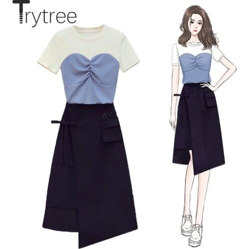 Trytree Summer Women Two Piece Set Casual Folds Spliced Colors Cotton T-shirt + Skirt A-line Bow Pockets Streetwear 2 Piece Suit