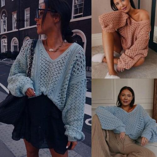 Autumn Winter Sexy V-Neck Womens Sweaters Hollow Out Lantern Sleeve Pullover Females Jumpers Knitted Sweaters
