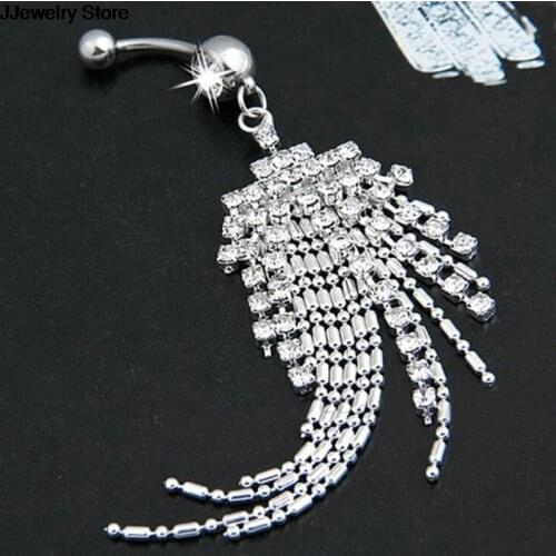 1Pc Surgical Steel Crystal Rhinestone Dangle Belly Button Ring Fashion Body Jewelry Clear Gem Tassel Navel Piercing