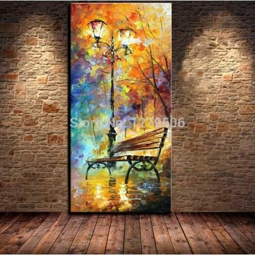 100% Handpainted Modern Abstract Knife Oil Painting Wall Art on Canvas for Room Decoration 1pc Landscape City Bench Night