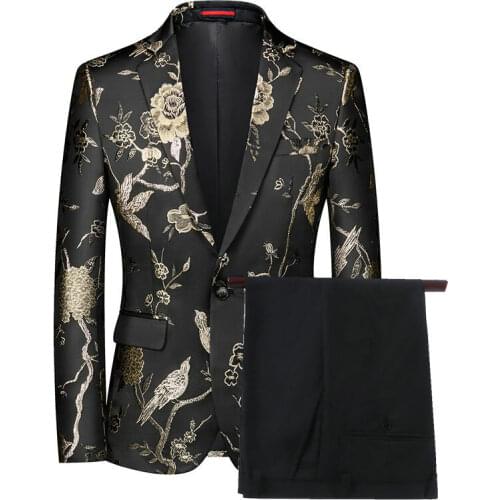 2021 Gold Black Floral Tuxedo Suit Male Notch Collar Slim Fit Groom Dress Suits Mens Party Wedding Dinner Prom Terno Masculino