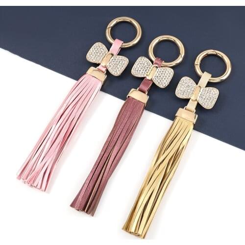 Lovely Bohemian Rhinestone Keyrings Bowknot Leather Tassel Keychain For Women Bag Holder Man Trinkets Jewelry