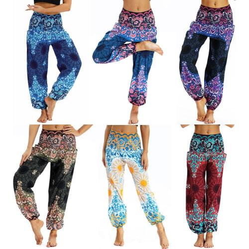Stretch Tummy Control Beam Feet Pants Boho Ethnic Pocket Harem Pants Joggers Women Gym Sweatpants Casual Wide Leg Pants Bloomers