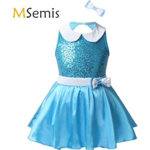 Kids Girls Christmas Dancewear Jazz Outfit Sleeveless Shiny Sequined Boknot Tutu Modern dance Leotard Dress with Hair Clip Set