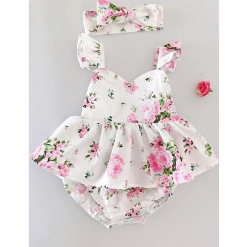 Flofallzique 2020 Cotton Retro Floral Small Lotus Leaf Sleeves V Neck With Headband Sweet Newborn Baby Girl Romper