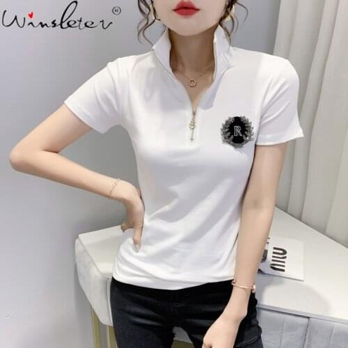 Summer European Clothes Cotton T-Shirt Sexy Stand Collar Zipper Diamonds Women Tops Bottoming Shirt Short Sleeve Tees T14936A