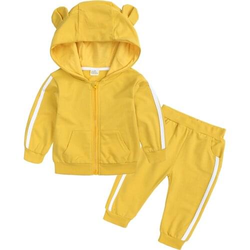 3-24M Newborn Baby 2 Pieces Clothes Set Solid Color Long Sleeve Hooded Sweatshirt + Elastic Waist Trousers Spring Autumn Outfits