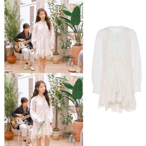 Kpop IU Lee Ji Eun Summer sweet white loose long sleeved shirts tops and irregular sexy lace splice vest dress women 2 piece set