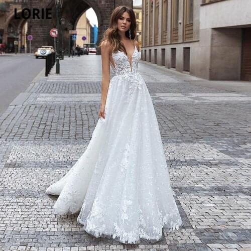 LORIE Elegant Full Lace Beach Wedding Dresses V-neck Sleeveless Spaghetti Straps Boho A-line Appliques Princess Bridal Gown 2020