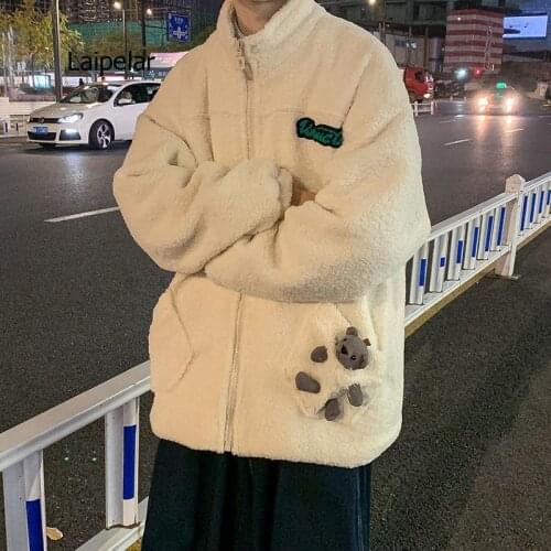 Mens Oversize Warm Bear Pocket 2021 Winter Woman Korean Streetwear Lamb Wood Coats Male Zipper Jackets