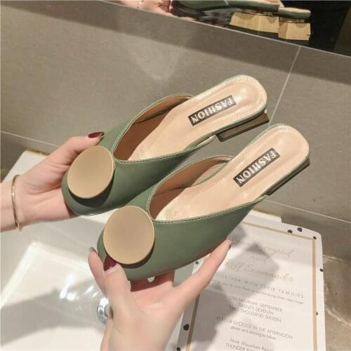 Female Summer 2019 Closed Toe Leather Outside Slippers Brief Rubber Mules Low Loafer Ladies Med Modis New Outdoor Slides