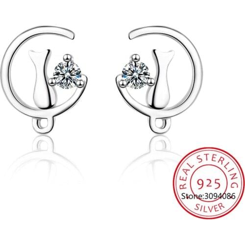 New Womens Fashion 100% 925 Sterling Silver Fashion Small Cute Cat on The Moon Stud Earrings Girls Kids Gift DT74