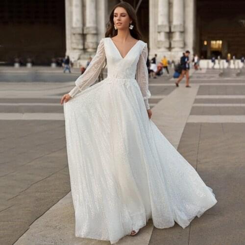 Eightree Boho A-Line Glitter Wedding Dresses Double V-neck Long Sleeves A-Line Bridal Gowns Simple White Brides Dress Plus Size