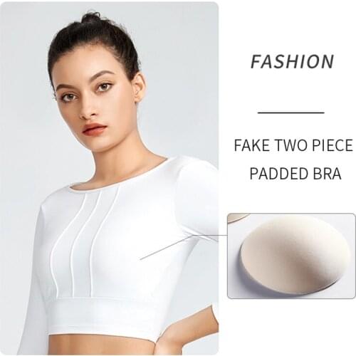 Fake Two Pieces Sport Women Long Sleeve Crop Top Padded Yoga Bra Solid Sexy Backless Gym Wear Fitness Workout T-shirts