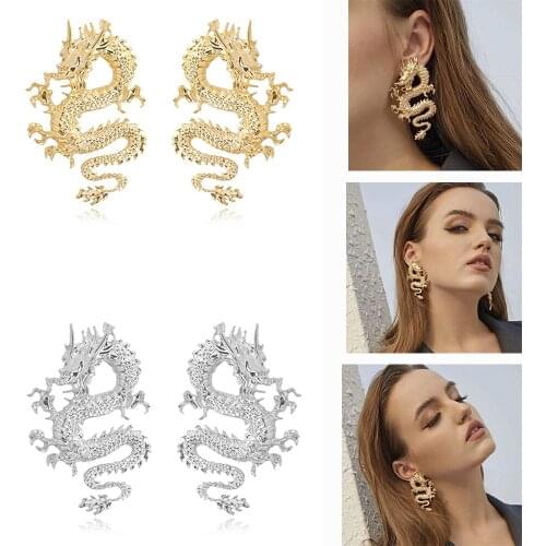 Popular Dragon Snake Earring Personality Metal Unique Design Embossed Stud Earings Women Party Jewelry Accessories Gift