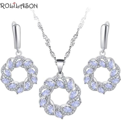 ROLILASON simple design white silver plated crystal zircon earrings / necklace / pendant / new business gifts JS811