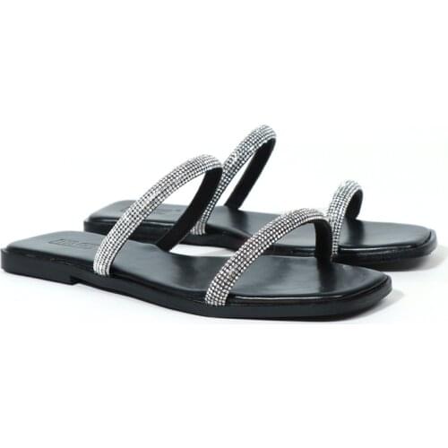 New Rhinestone Bright Diamond Slippers Crystal Hollow Flat Slide Ladies Open Toe Comfort Slip On Outdoor Beach Sandals
