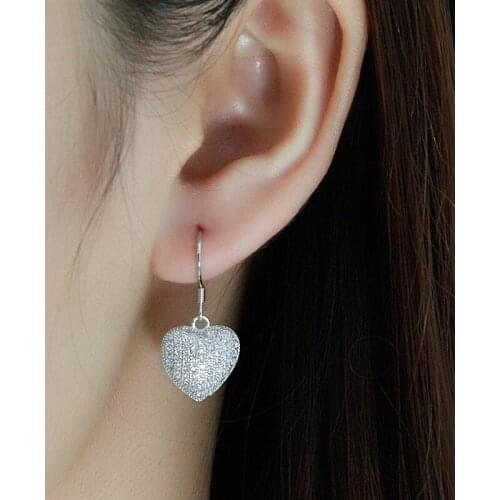 Earrings 925 Sterling Silver Sweet Heart full Clear Zircon Korean Jewelry for Women Girls Wedding Valentines Day Gift
