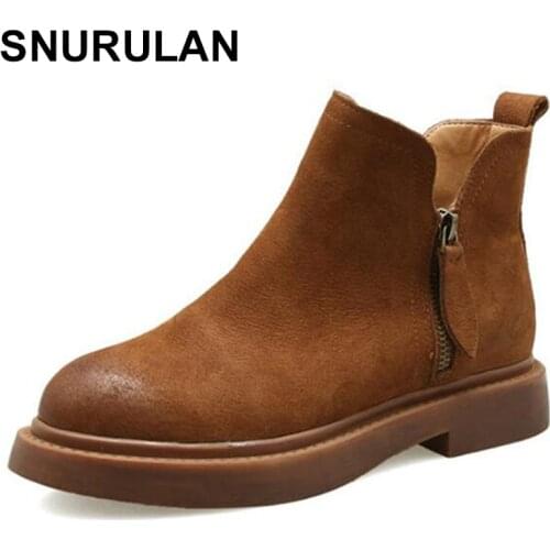 SNURULAN Genuine leather women martin boots winter warm shoes botas feminina motorcycle ankle fashion women boots botas mujer