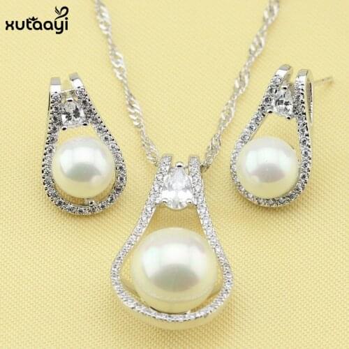 XUTAAYI Imitation Pearl Jewelry Sets, Stunning White Crystal Sterling Silver Overlay Earrings and Necklace For Women