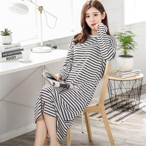 Striped nightdress cotton long-sleeved nightgown spring and autumn home skirt ladies loose plus size home service sexy nightwear