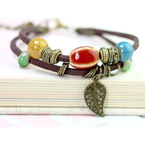 Bohemian Women Double Layer Leaf Charm Ceramics Beads Faux Leather Rope Bracelet Double Layers Punk Leather Adjustablefor Women