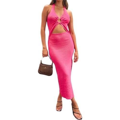 Women Summer Sleeveless Solid Color Sundress Neck-Hanging Wrapped Hollow Out Slimming Long Dress Brown/Rose Red/Black