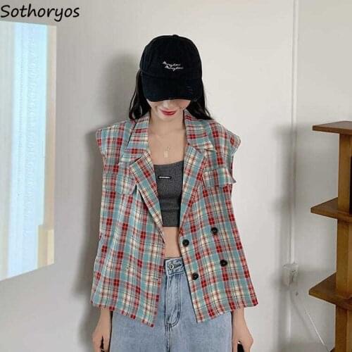 Plaid Vests Women Loose Fashion Casual Double Breasted All-match Vintage Waistcoats Office Lady Retro Korean Stylish Chic Simple