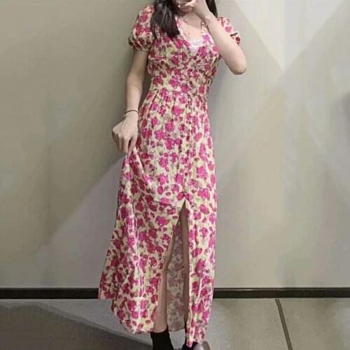 Hot Sale Summer Fashion New Ruched Split Women Dress Puff Short Sleeve Light Pink Floral Print V Neck Midi Dress Streetwear 2021
