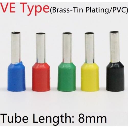 20pcs VE Tubular Terminal Electrical Cable Connector Brass Pipe 8mm PVC Insulated Ferrules Red Yellow Blue Green Black