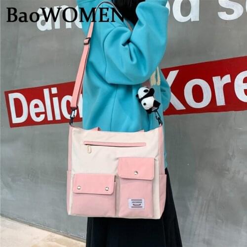 BaoWomen 2020 Women Canvas Bags Large Capacity Female Handbags Multi-Pocket Crossbody Bags Black Blue Yellow Pink Casual Totes