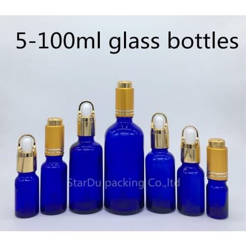 5ml 10ml 15ml 20ml 30ml 50ml 100ml blue glass essential oil bottle with gold Press dropper blue glass perfume bottles 480pcs/lot