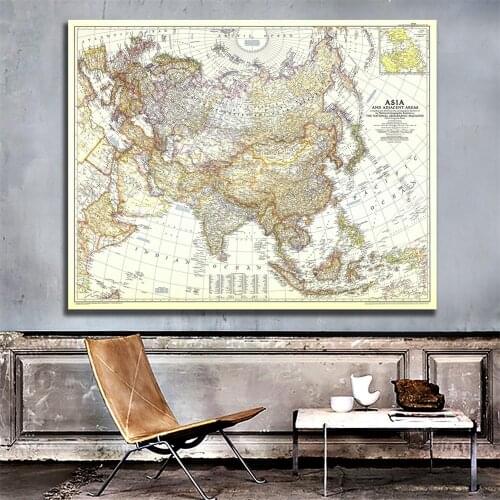 A2 Size 1951 Edition Fine Canvas Map of Asia And Adjacent Areas Posters and Prints For Office Classroom Wall Decoration