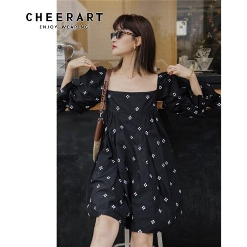 CHEERART Black Floral Embroidered Dress Short Sleeve Square Neck Loose Summer Mini Casual Dress Women Korean Fashion Clothing