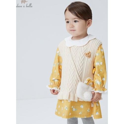 DBJ18695 dave bella autumn baby girls cute bow draped knitted coat children fashion sleeveless vest