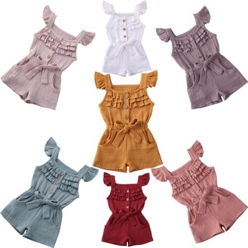 Kids Baby Girls Solid Linen Cotton Lace up Romper Flying Sleeve Button Ruffle Summer Infant Toddler Rompers Jumpsuits 5M-5T
