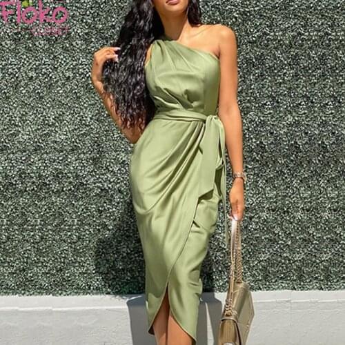 Flokocloset Summer One Shoulder Split Satin Dress Casual Solid Color Evening Club Party Dresses Vestidos 2021 Summer Clothing